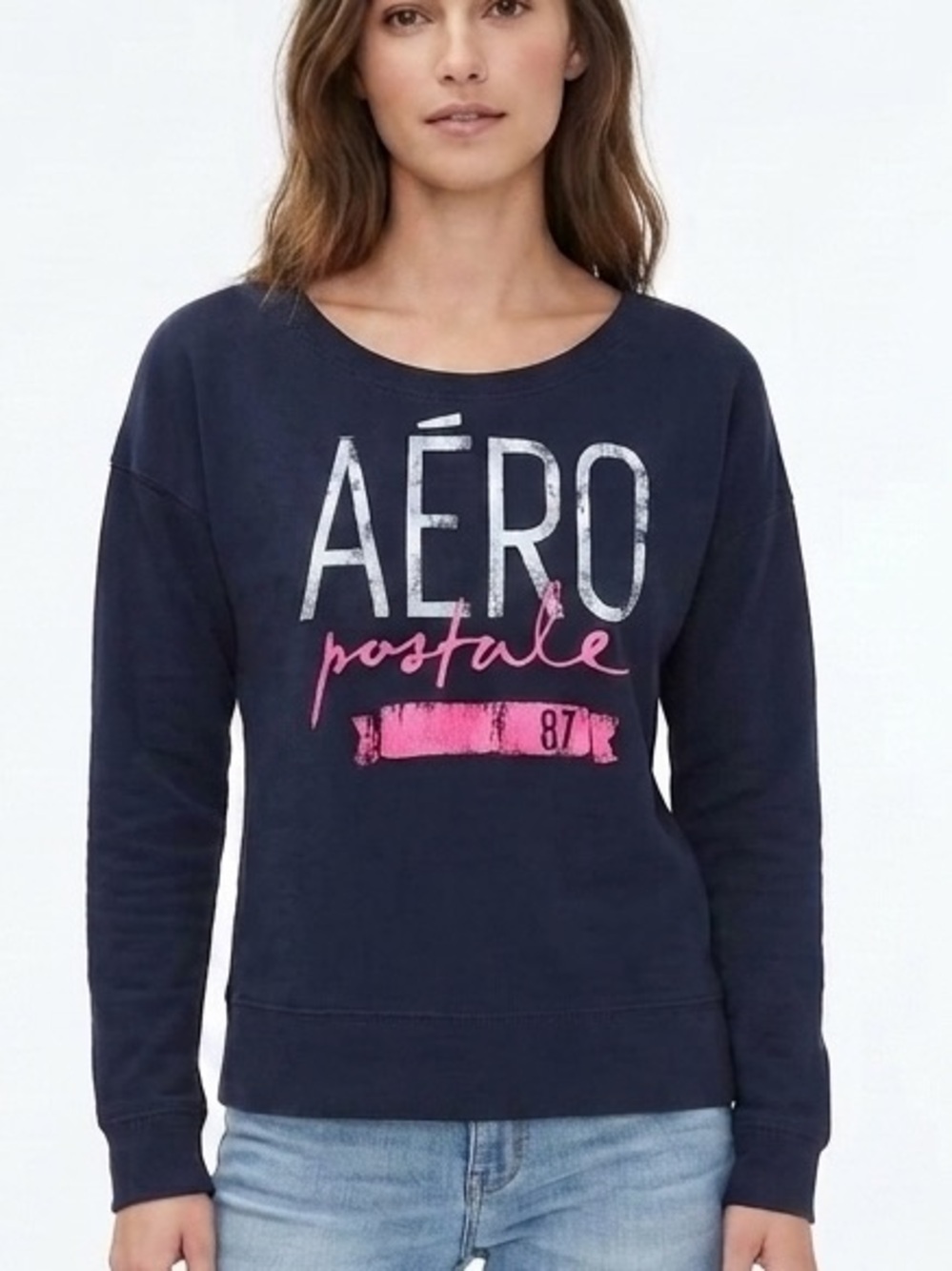 Aeropostale Navy Blue Graphic Crewneck Sweatshirt Pink Spellout Logo Sz S 1900